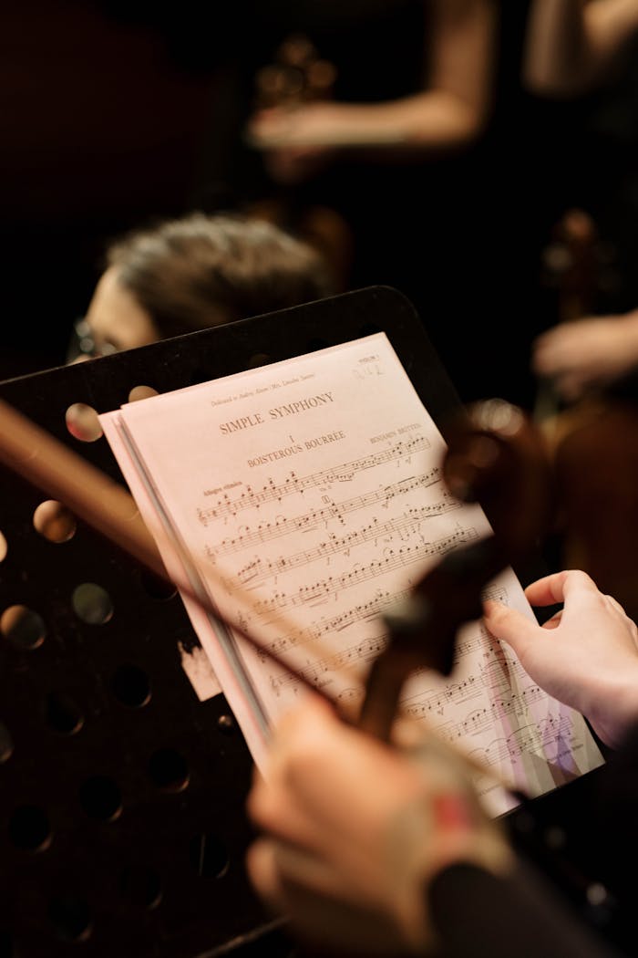 services-02 Close-up of a musician reading sheet music during an orchestra performance.